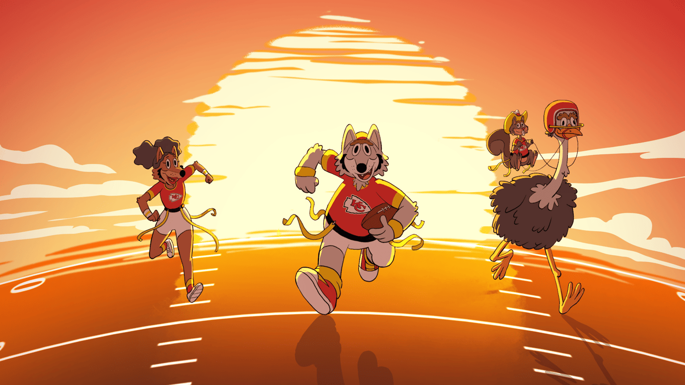 Alt Text: Animated Kansas City Chiefs mascot KC Wolf wears a jersey and runs with a football in a still from the 
