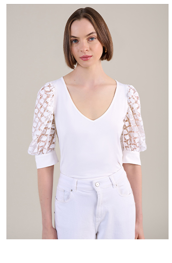 SHORT SLEEVE WHITE TOP WITH LACE EMBROIDERED BALLOON SLEEVES