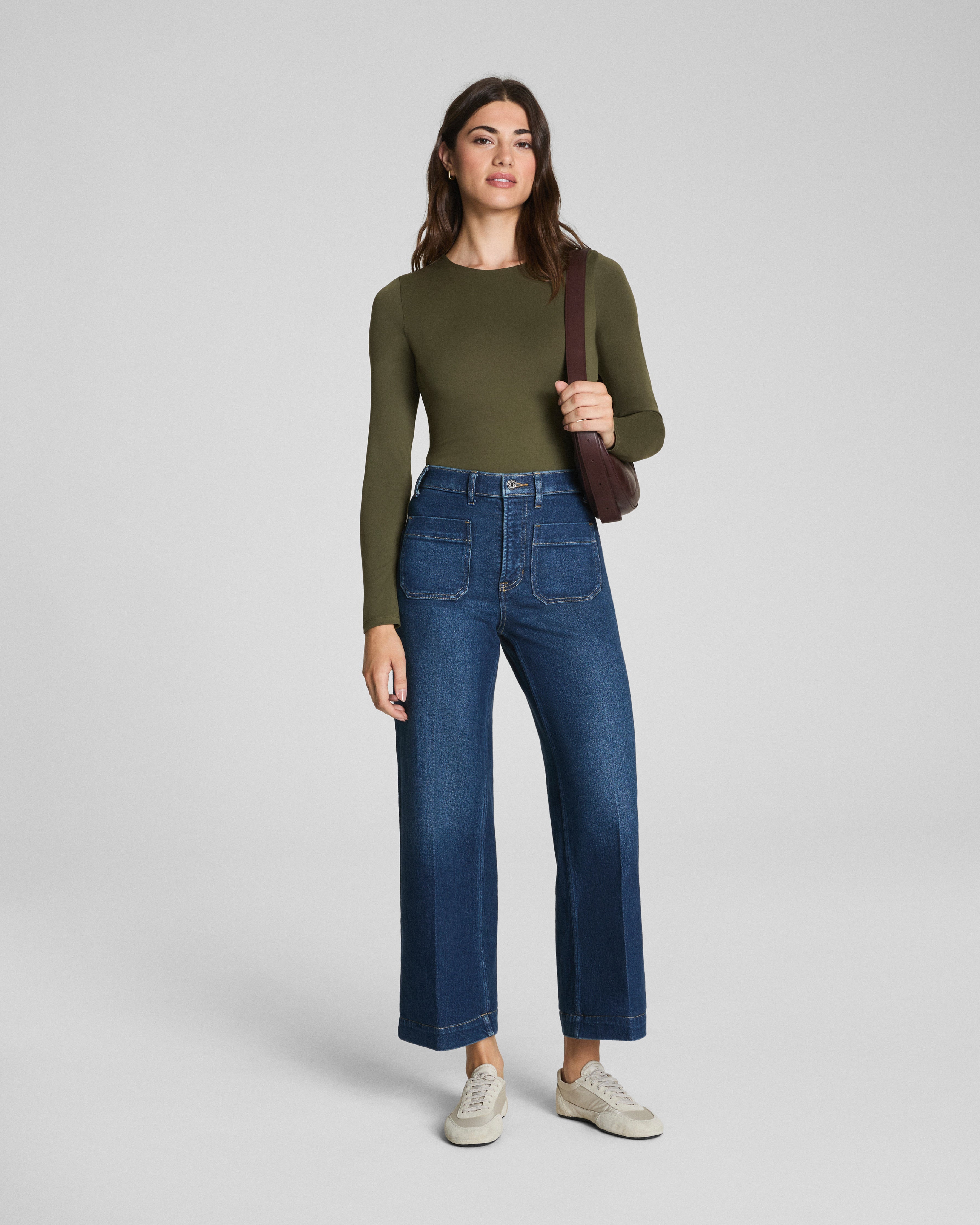 Image of Spanx Women's SPANXshape® Authentic 360 Cropped Wide Leg Jeans with Patch Pockets, Adriatic Blue