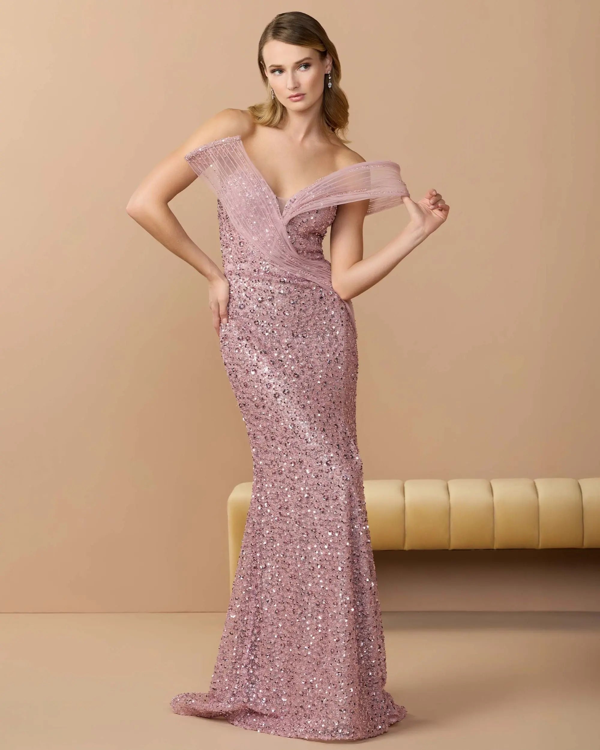 Image of Pink Embellished Strapless Gown With Sculptural Drape
