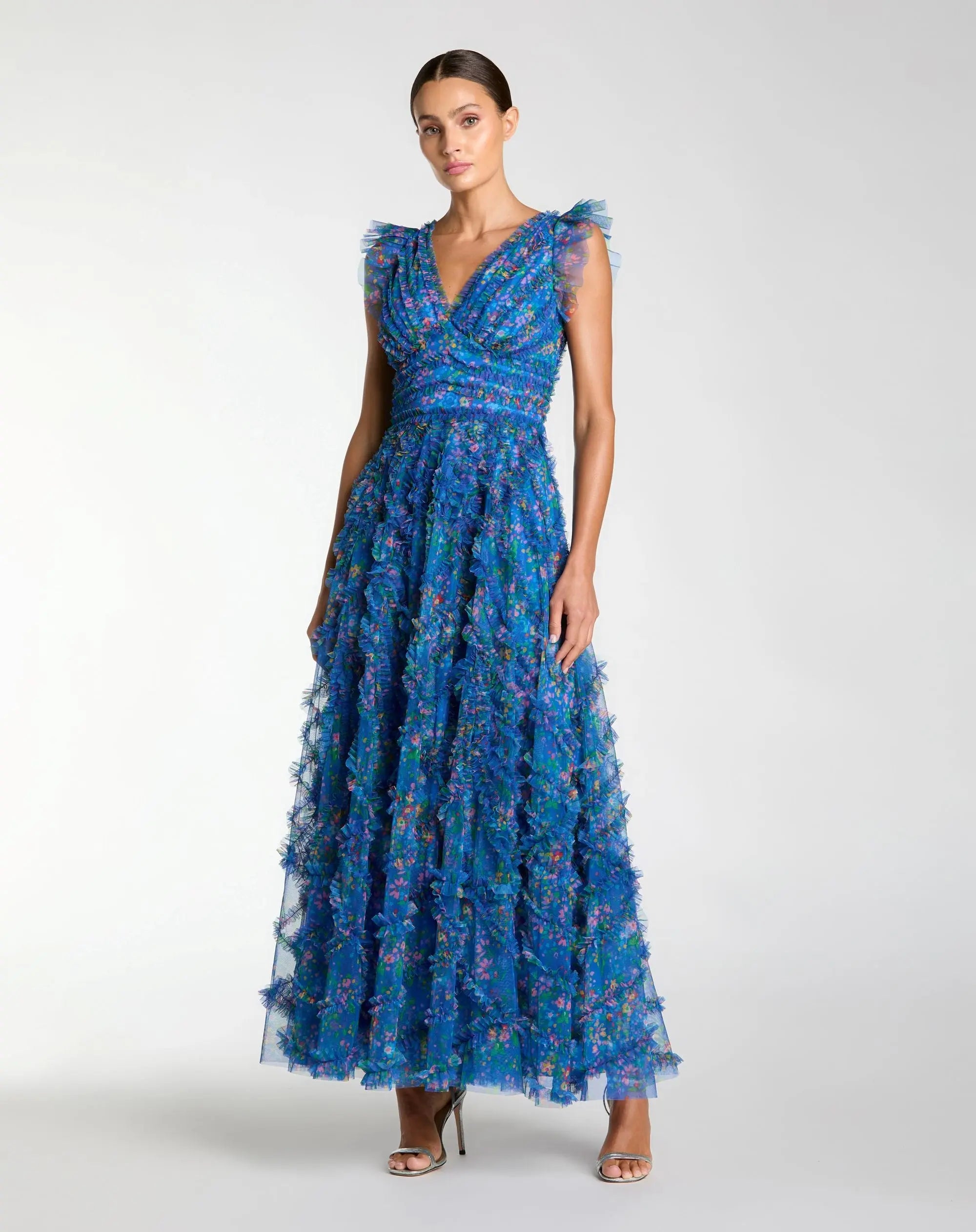 Image of Blue Floral V-Neck Ruffle Maxi Dress