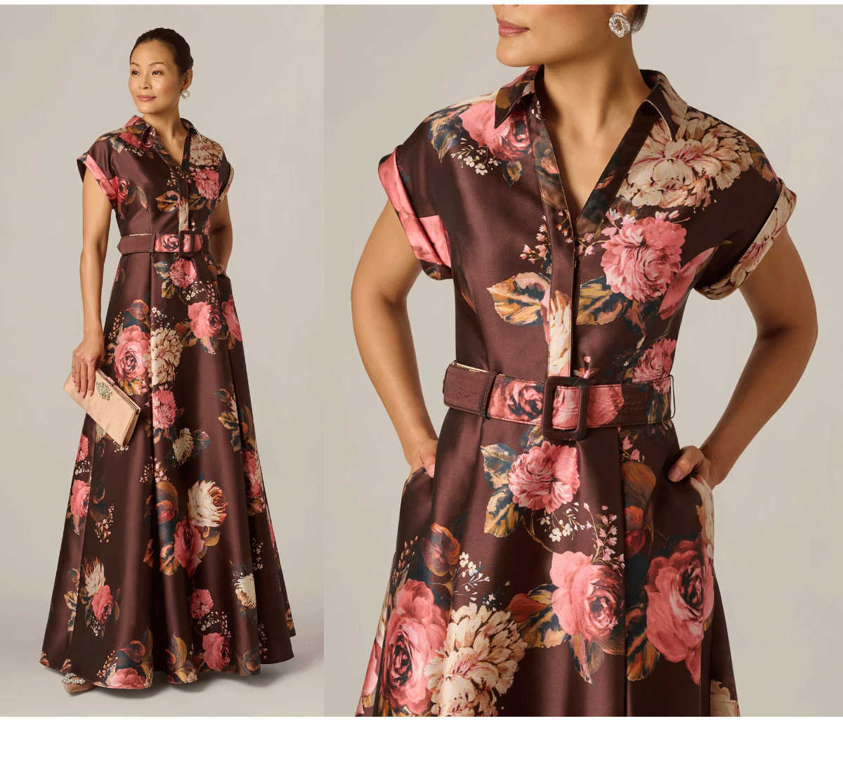 Short Sleeve Rose Floral Ballgown In Brown Multi