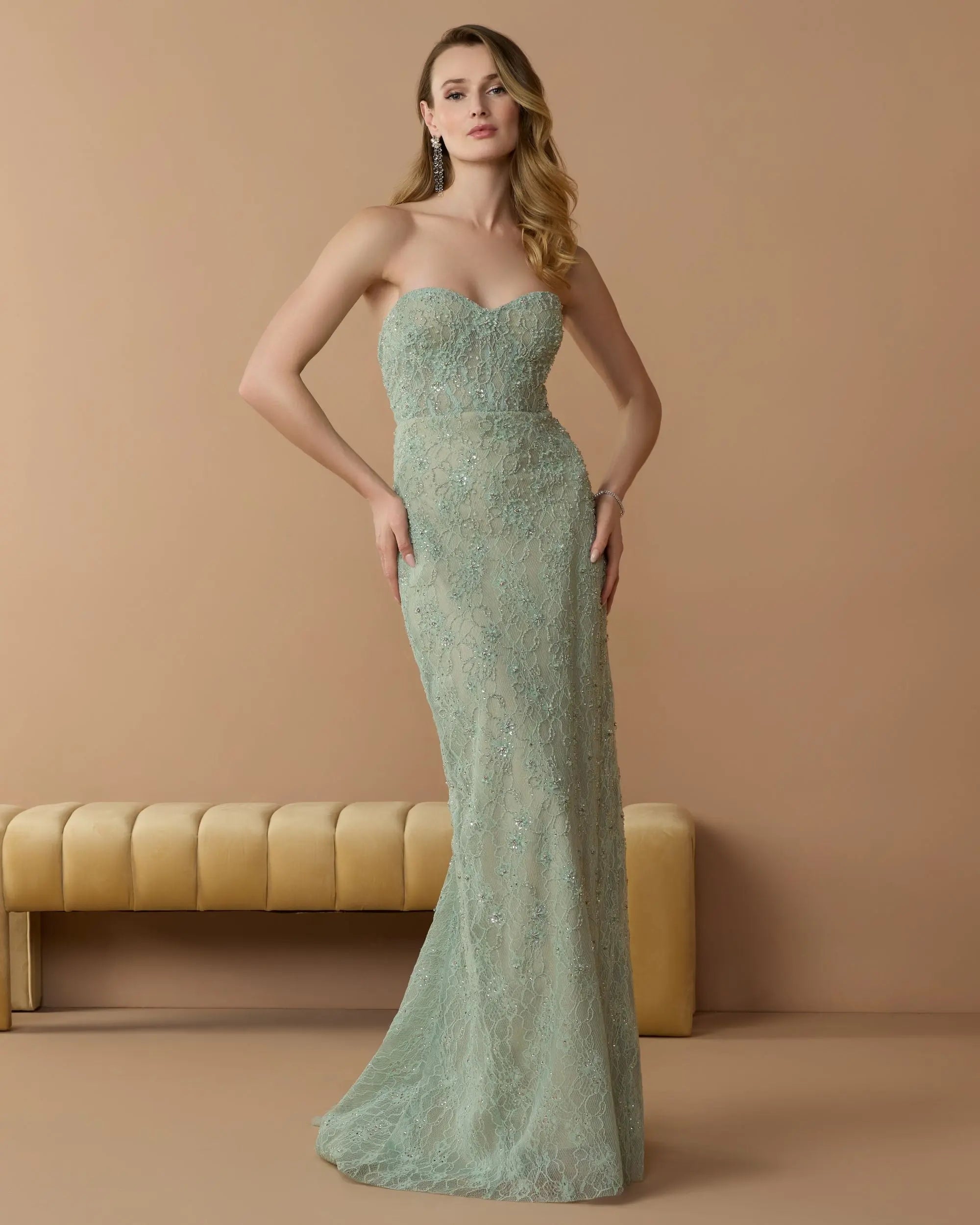 Image of Green Embellished Strapless Bustier Gown With Sweeping Train