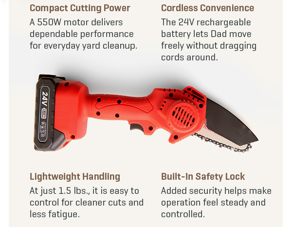 Give Dad a gift he'll actually use! 20% off our mighty Mini Chainsaw.