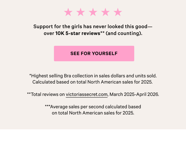 Our #1 Bra Collection*
Wear Everywhere™ Bras 
Support for the girls has never looked this good—over 10K 5-star reviews (and counting).  
See for Yourself. Highest selling Bra collection in sales dollars and units sold. Calculated based on total North American sales for 2025.Total reviews on victoriassecret.com, March 2025-April 2026.
[dot whack] 
One PINK Bra sold every second!
Average sales per second calculated based on total North American sales for 2025.