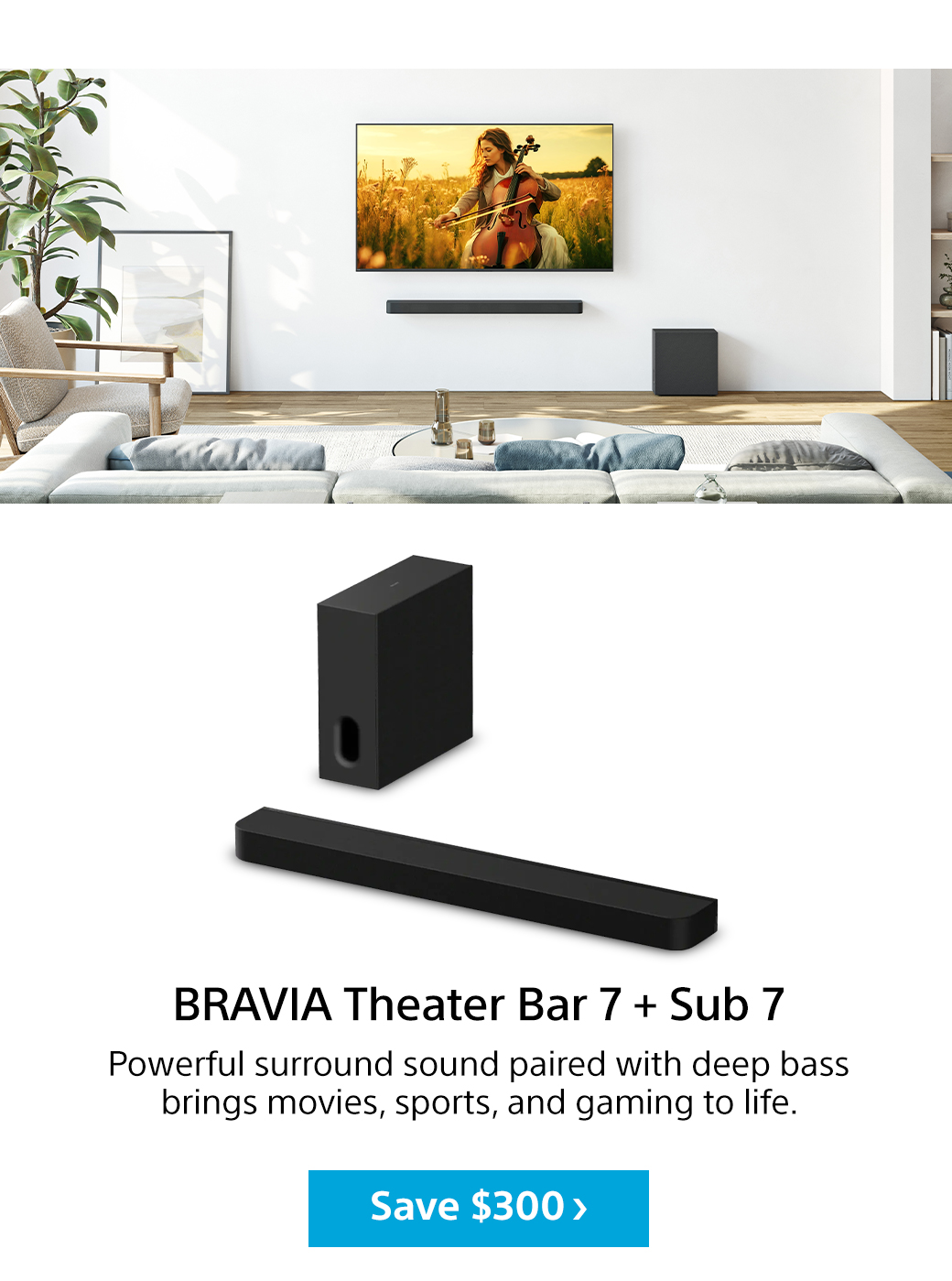 Bravia Theater Bar 7 + Sub 7 | Powerful surround sound paired with deep bass brings movies, sports, and gaming to life. Save $300