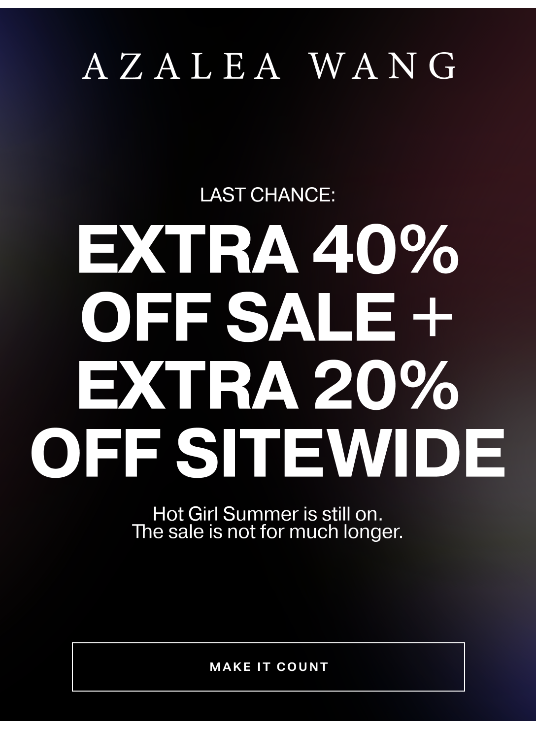 Azalea Wang Hot Girl Summer Sale email featuring women’s sale shoes, extra 40% off sale styles, and extra 20% off sitewide