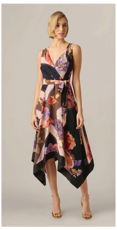 Floral Print Handkerchief Midi Dress In Black Multi