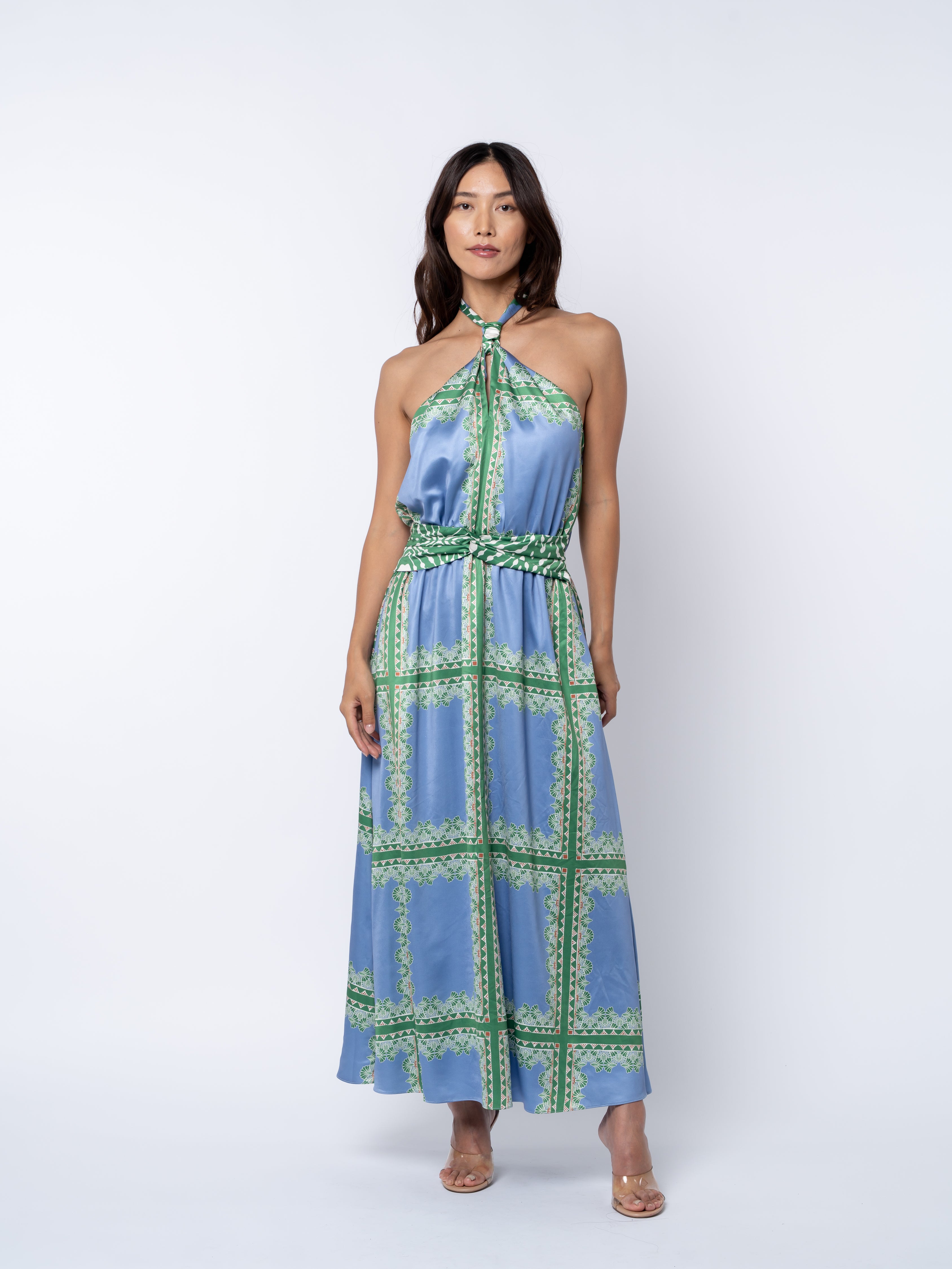 Image of Leche Grid Print Halter	Neck Maxi Dress