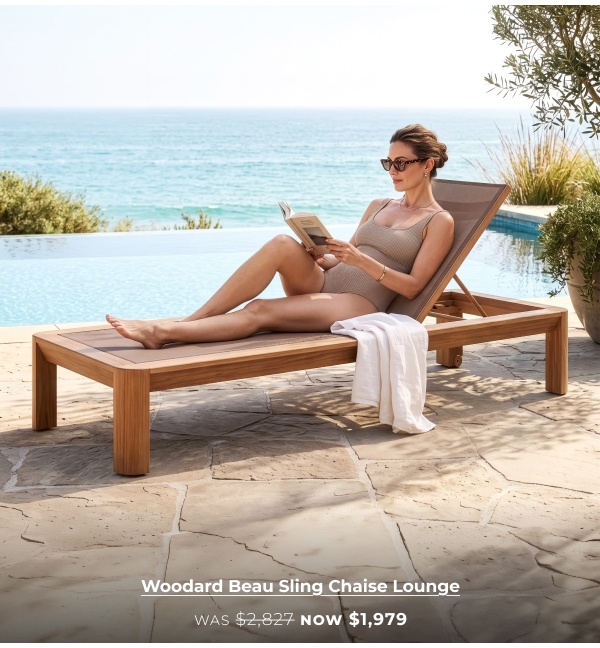Woman reading on wooden chaise lounge. Image Text: Woodard Beau Sling Chaise Lounge WAS $2,827 NOW $1,979