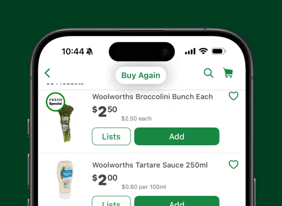 Mobile device with the Woolworths app open highlighting Buy Again