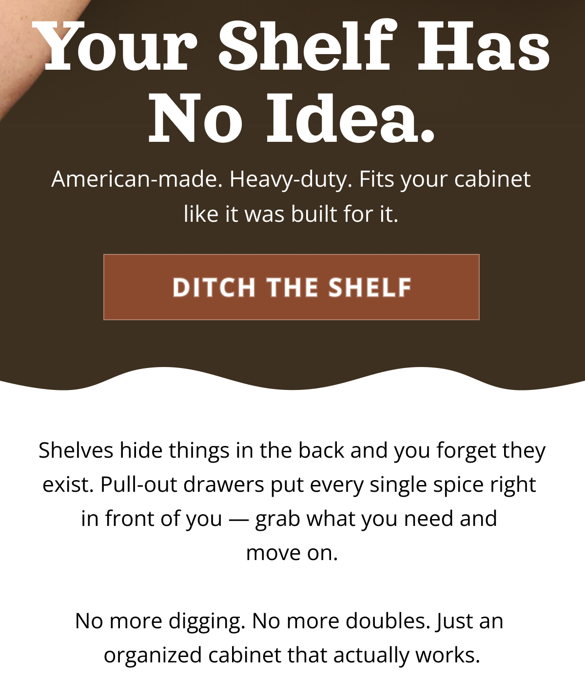 vertical spice email section with headline “your shelf has no idea,” subheadline about american-made heavy-duty cabinet fit, and button that says “ditch the shelf”