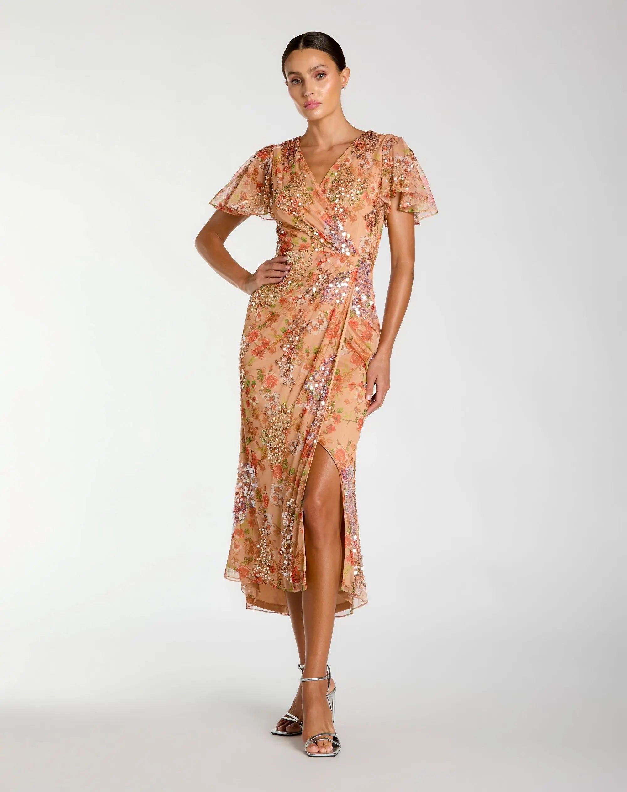 Image of Orange Embellished Floral Flutter Sleeve Midi Dress