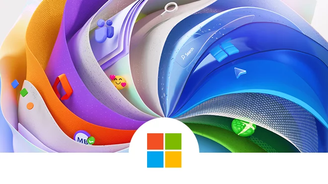 Stylized image of Microsoft product logos in in an arched fan of colorful pages