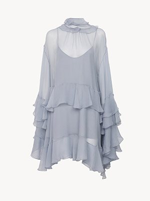 Ruffled mini dress in silk mousseline