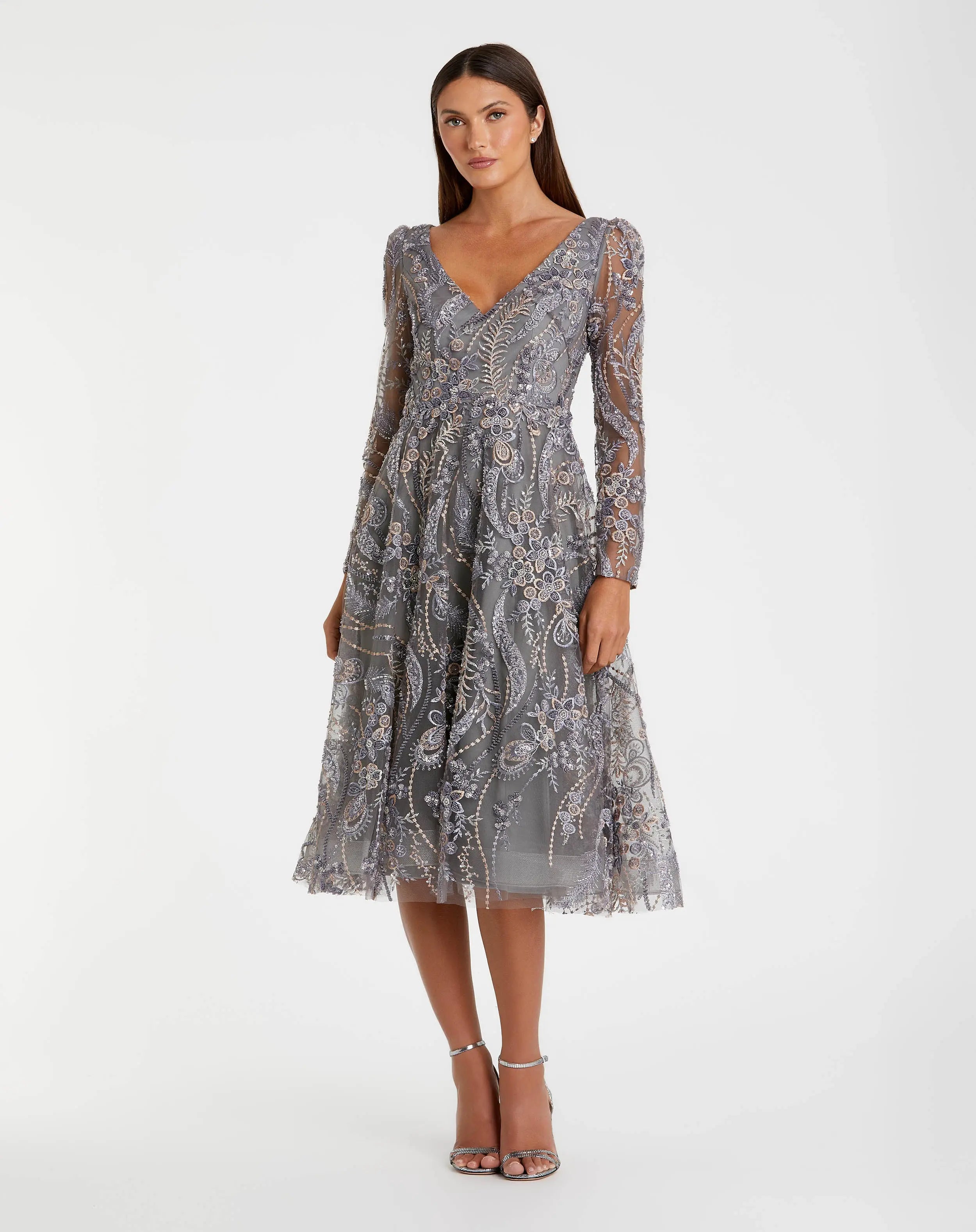 Image of Gray Embroidered Long Sleeve Midi Dress