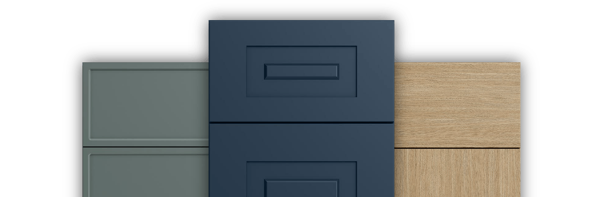 three sample doors - natural wood, green, midnight blue