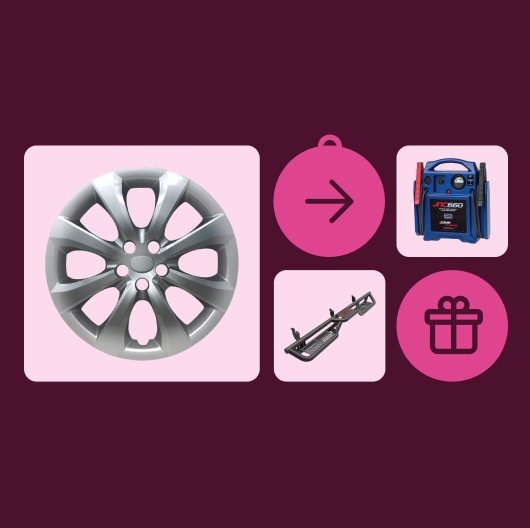 A silver rim, a black step bar, and a blue jump starter each sit in their own light pink tiles against a dark burgundy background. Two magenta circles contain an arrow pointing right and a gift icon, respectively.