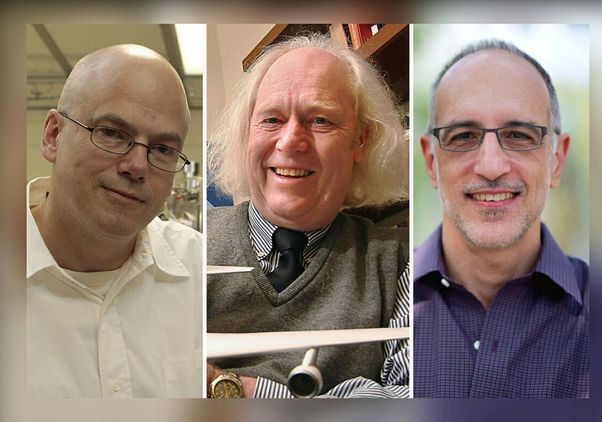 Photo collage featuring close shots of (from left) UCLA professors Craig manning (in white collared shirt); Eric Becklin (in gray cardigan, with model airplane) and Martin Gilens (in purple collared shirt).