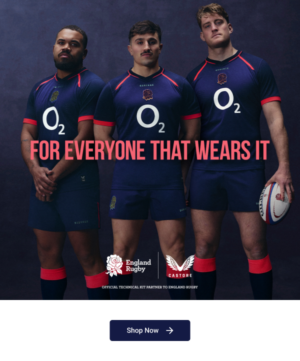 3 England Rugby men's players stood together against a dark background wearing the new alt kit