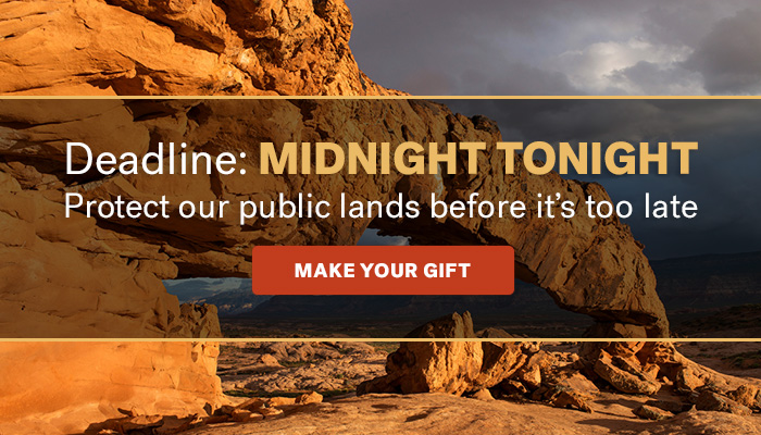 A rock formation. Deadline: Midnight. Protect our public lands before it's too late.