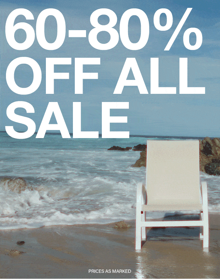 60-80% off all sale text over a serene beach scene with a white lounge chair on the sand and blue ocean waves. Shop big summer discounts.
