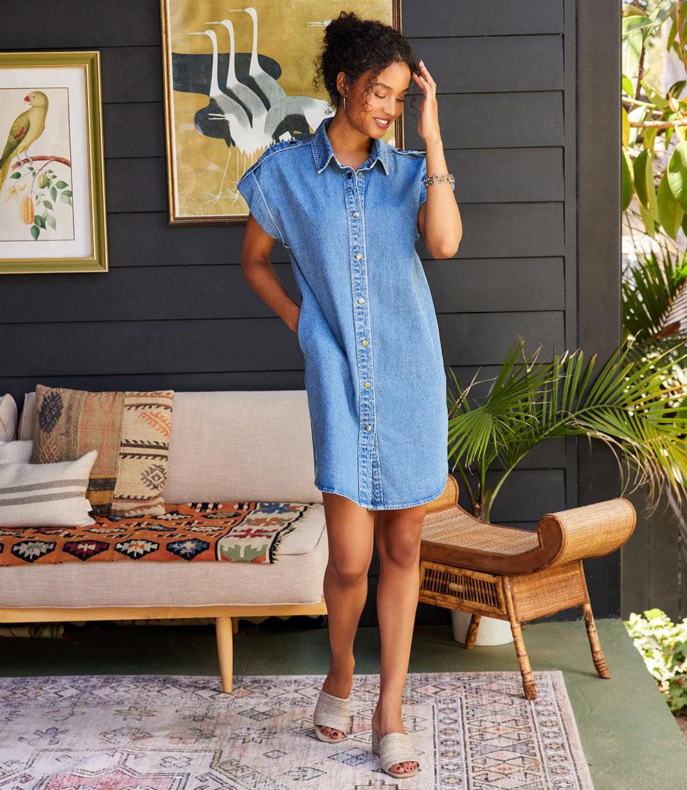 Image of Cap Sleeve Denim Shirtdress
