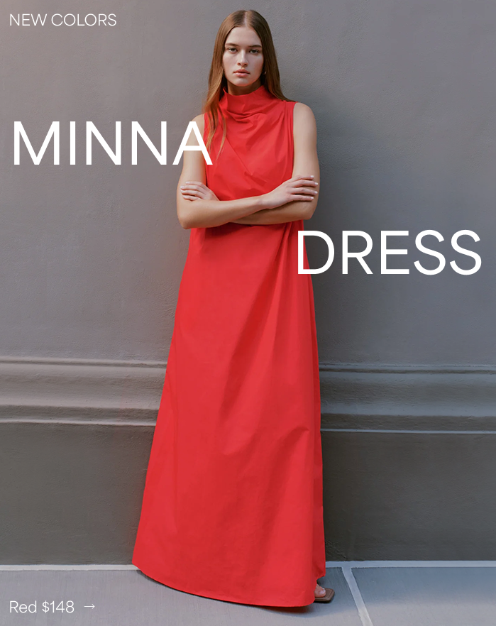 Full-length shot of Bianca in the Minna Sleeveless Dress labeled “NEW COLORS,” priced at $148.