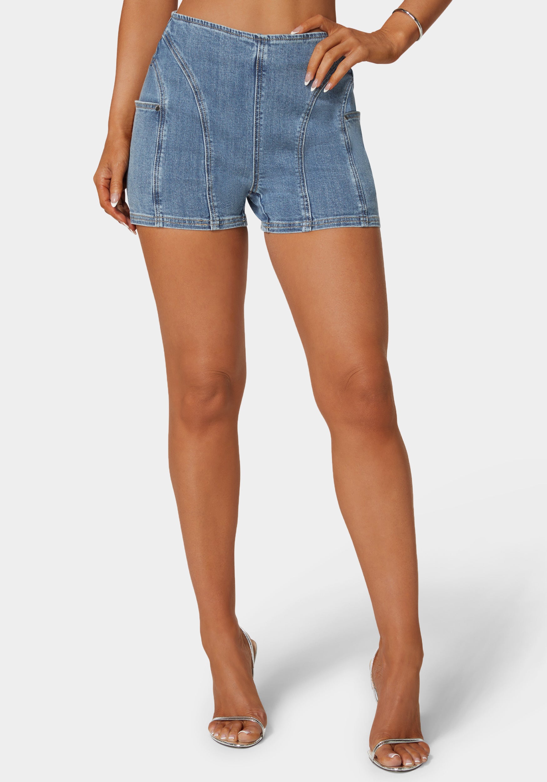 Image of Side Pocket Stitch Detailed Denim Shorts