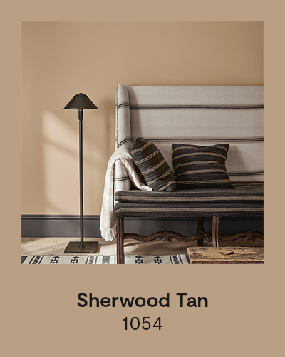 Sherwood Tan 1054 - A tan painted living space with a bronze floor lamp and daybed with striped linens and throw pillows.