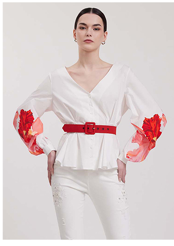 White Long Sleeve Poplin Shirt With Printed Red Flowers