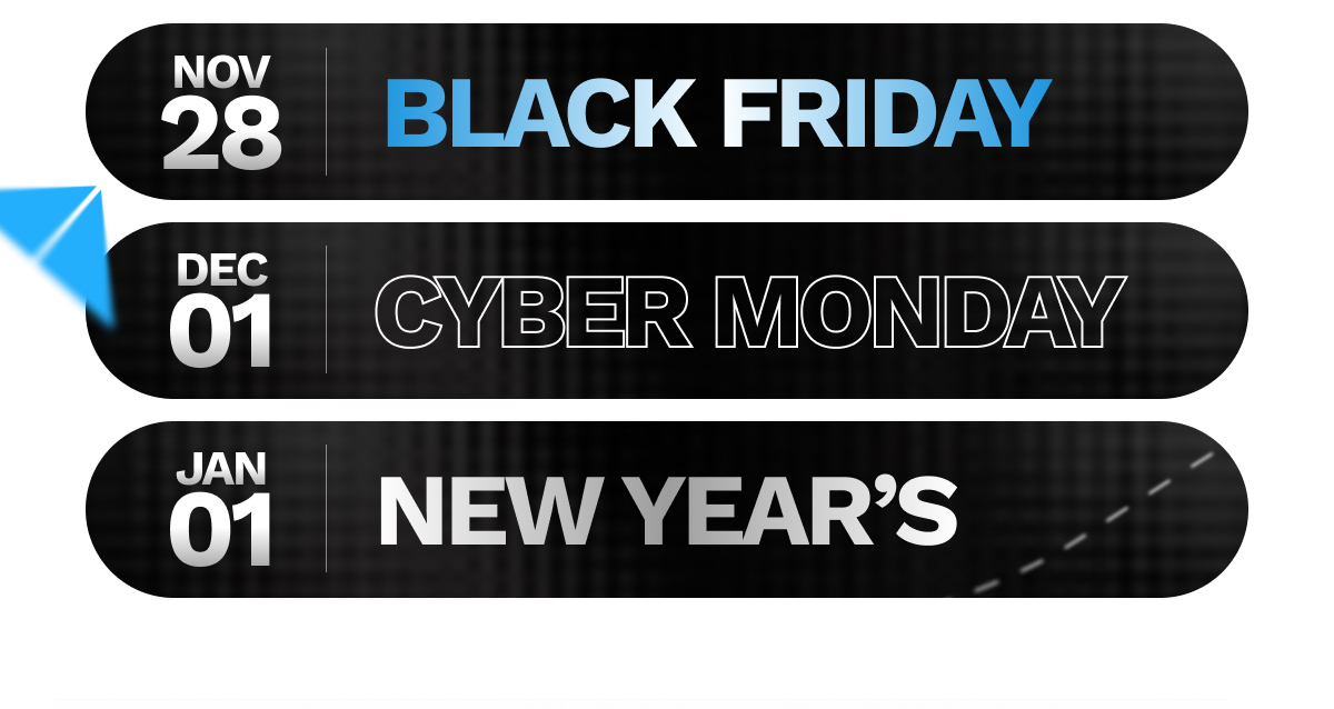 Black Friday (Nov 28) Cyber Monday (Dec 1) New Year’s (Jan 1)