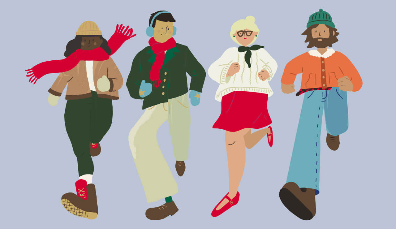 Illustration of four people in winter clothing running.