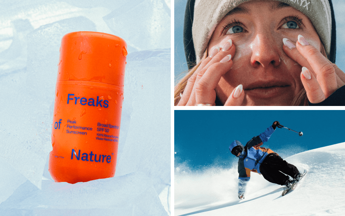 Freaks of Nature skincare products shown in winter conditions and outdoor cold-weather environments.