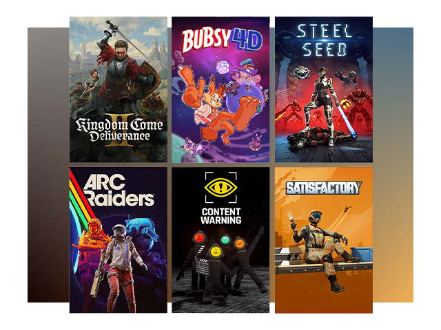 A grid of cover art for Kingdom Come: Deliverance II, Bubsy 4D, Steel Seed, Arc Raiders, Content Warning, and Satisfactory.