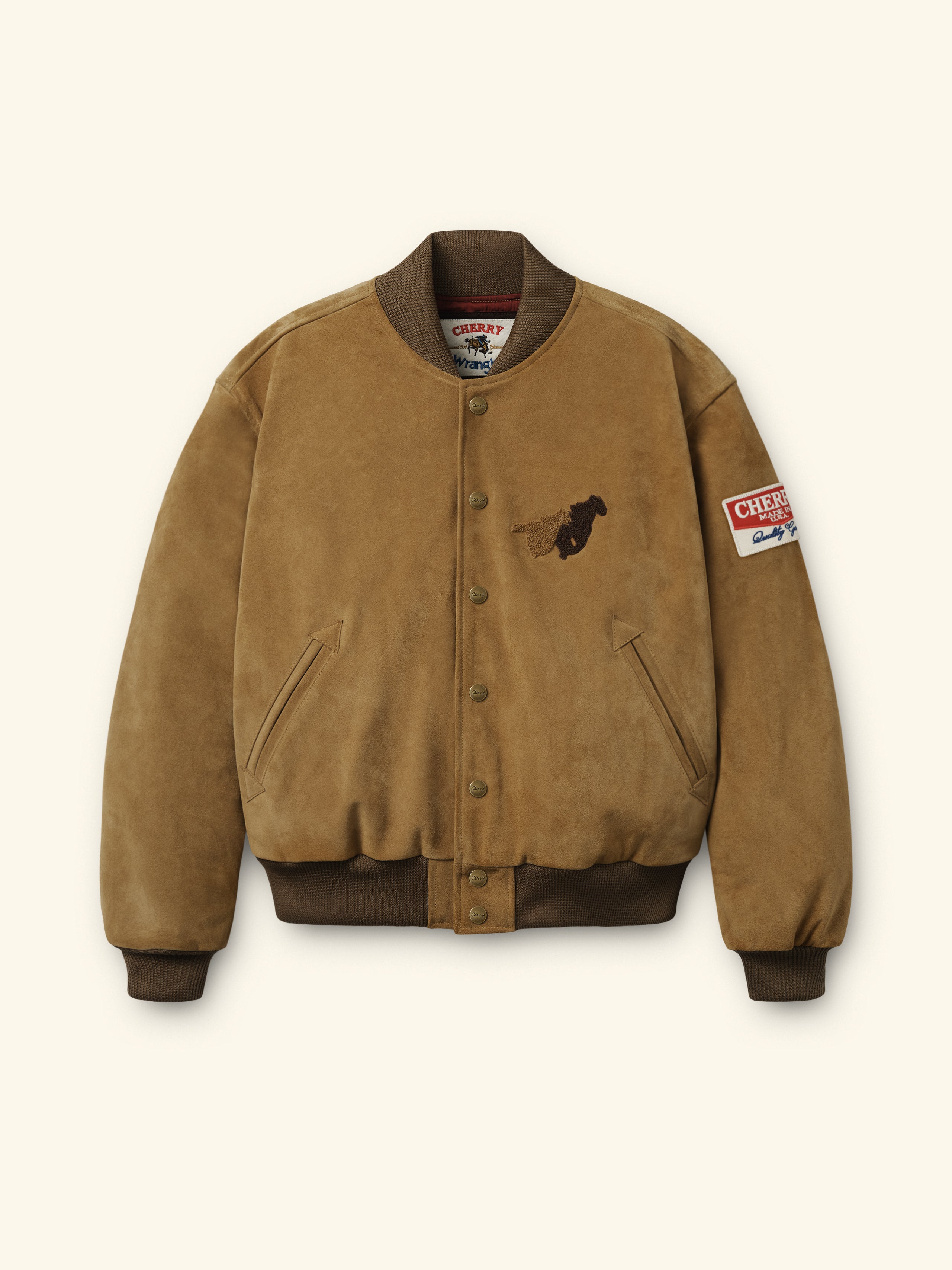 Image of Cherry x Wrangler Suede Varsity Jacket (Tan)