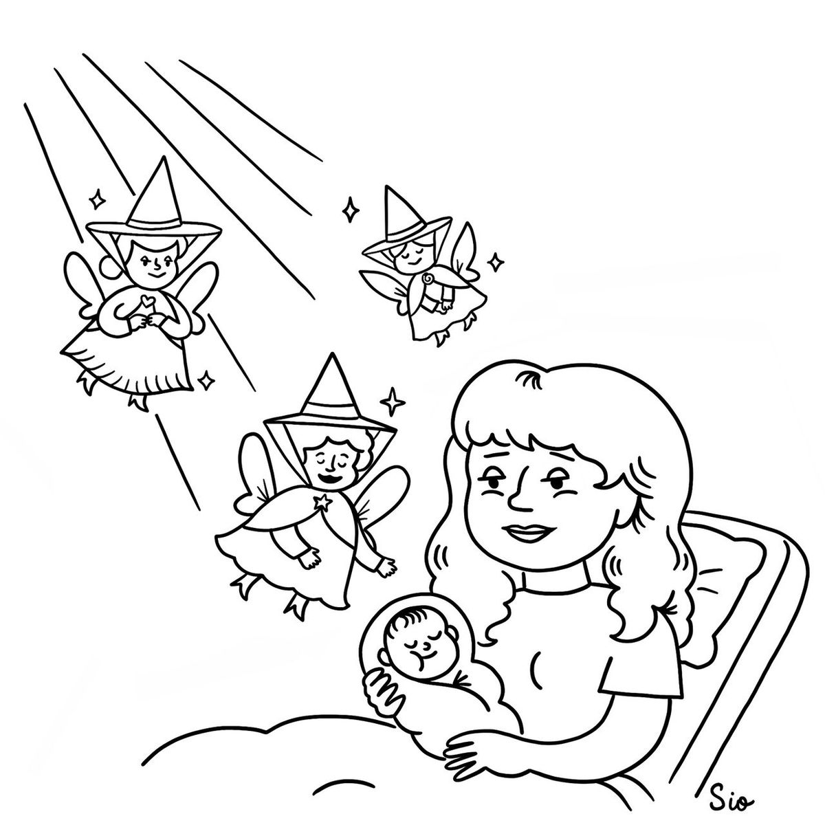 Three small, winged fairies hover above a woman holding a baby, and one of them speaks.