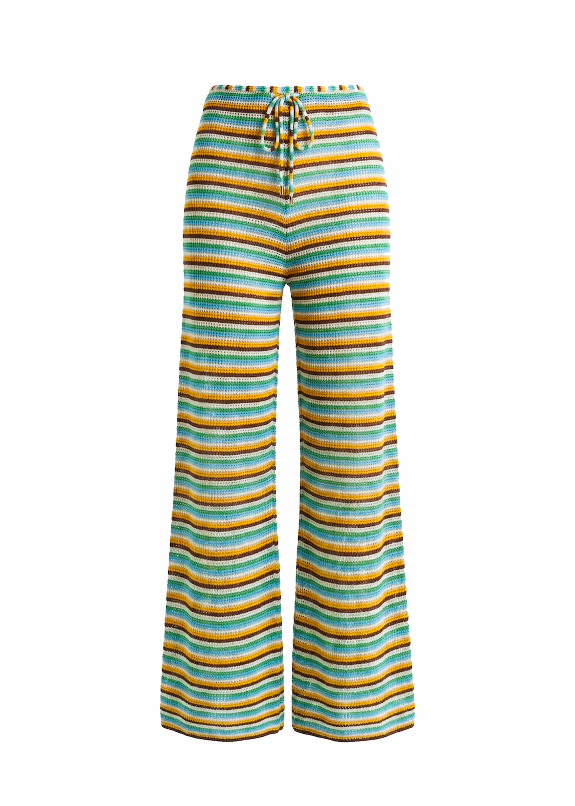 flat image of a open knit mutli colored stripe pant