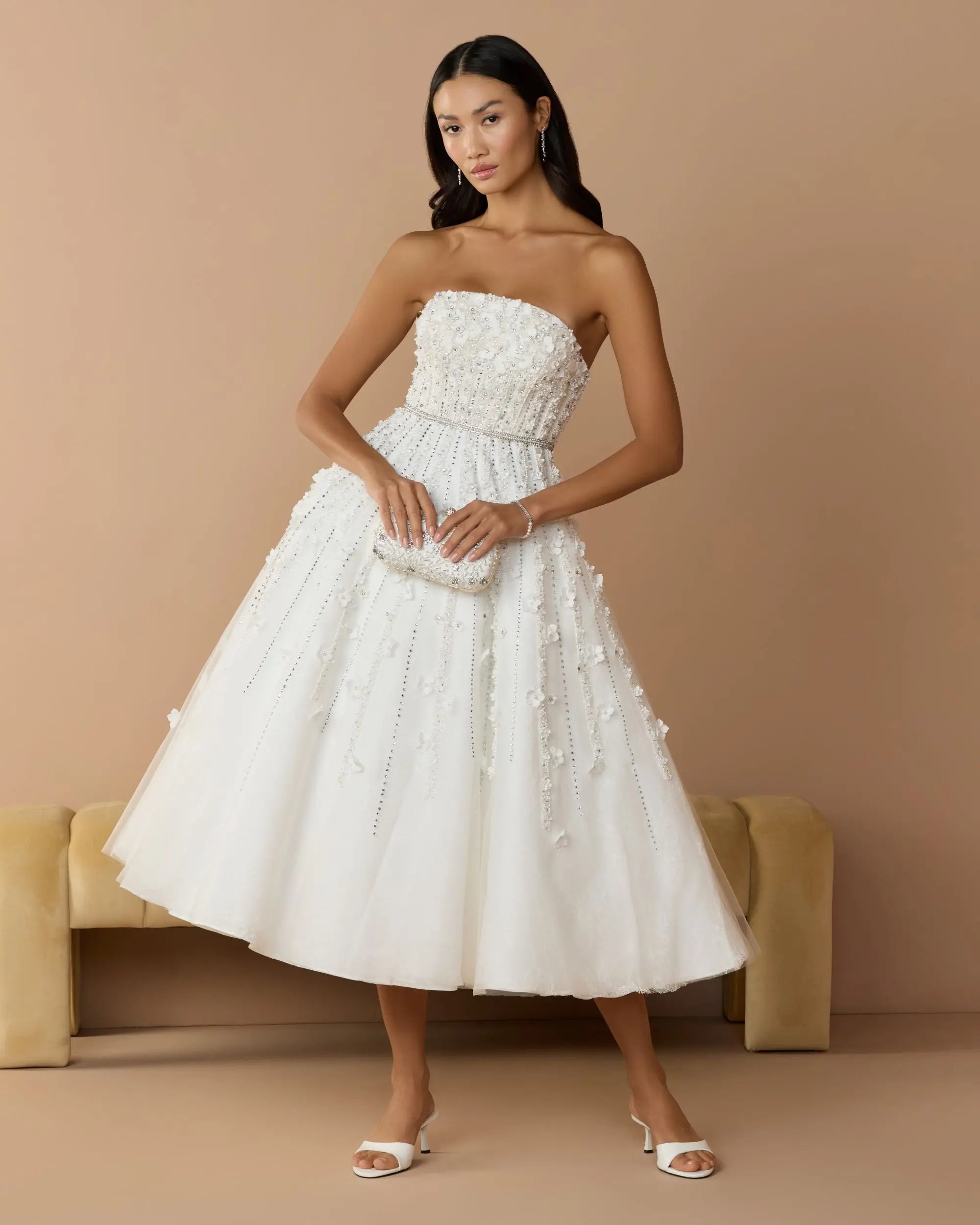 Image of White Floral Embellished Strapless A-Line Midi Dress