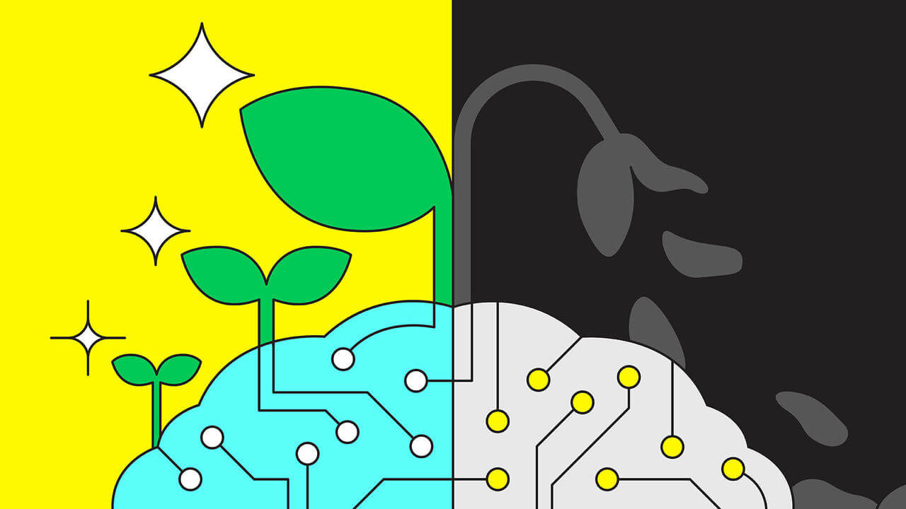 An AI brain with plants flourishing on the left half and withering on the right.