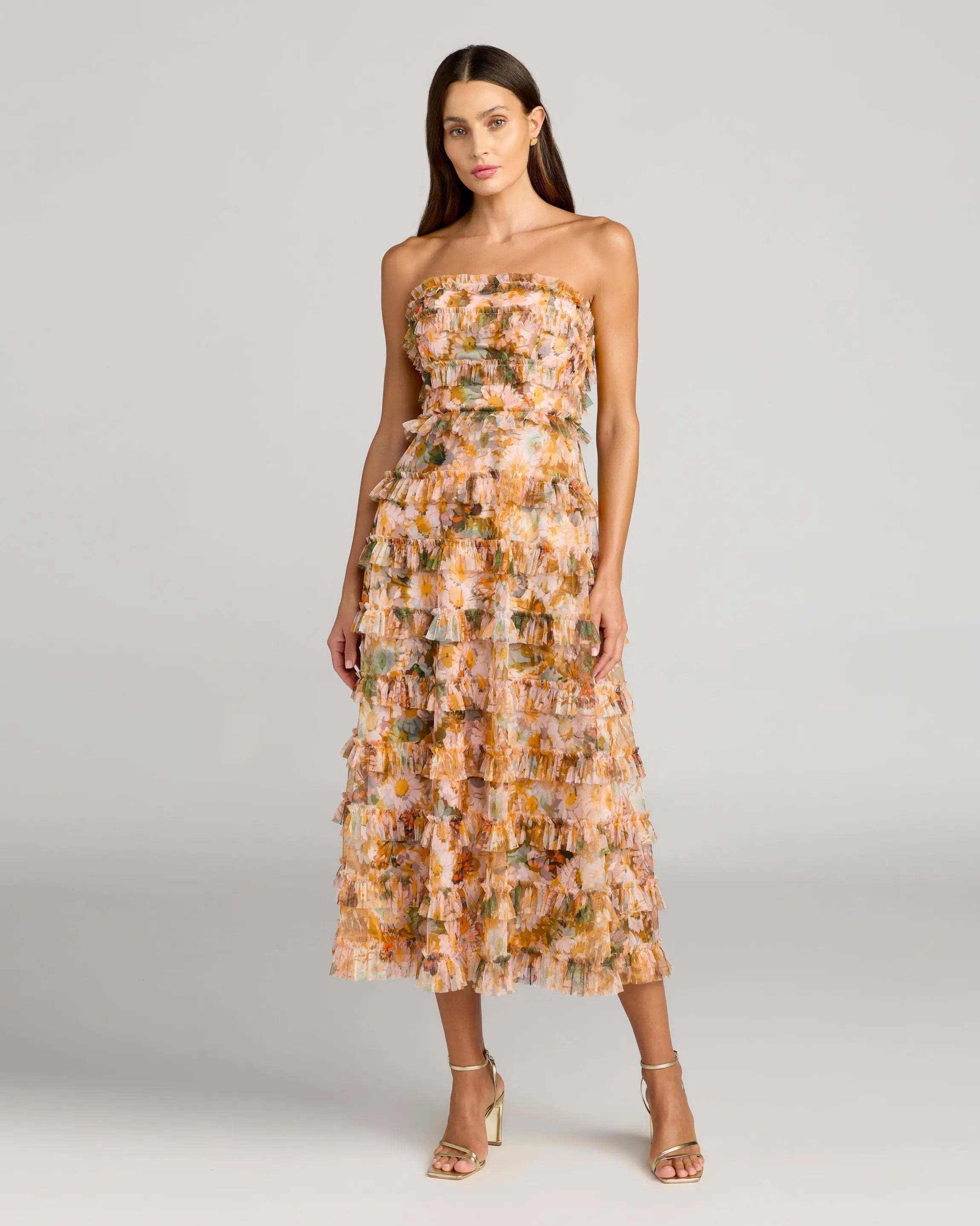 Image of Gold Strapless Floral Micro Ruffle Dress