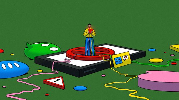 illustration of a person standing on a red banning sign on top of a smartphone, holding a heart connected to colorful cords that trail across the phone and surrounding chat icons.