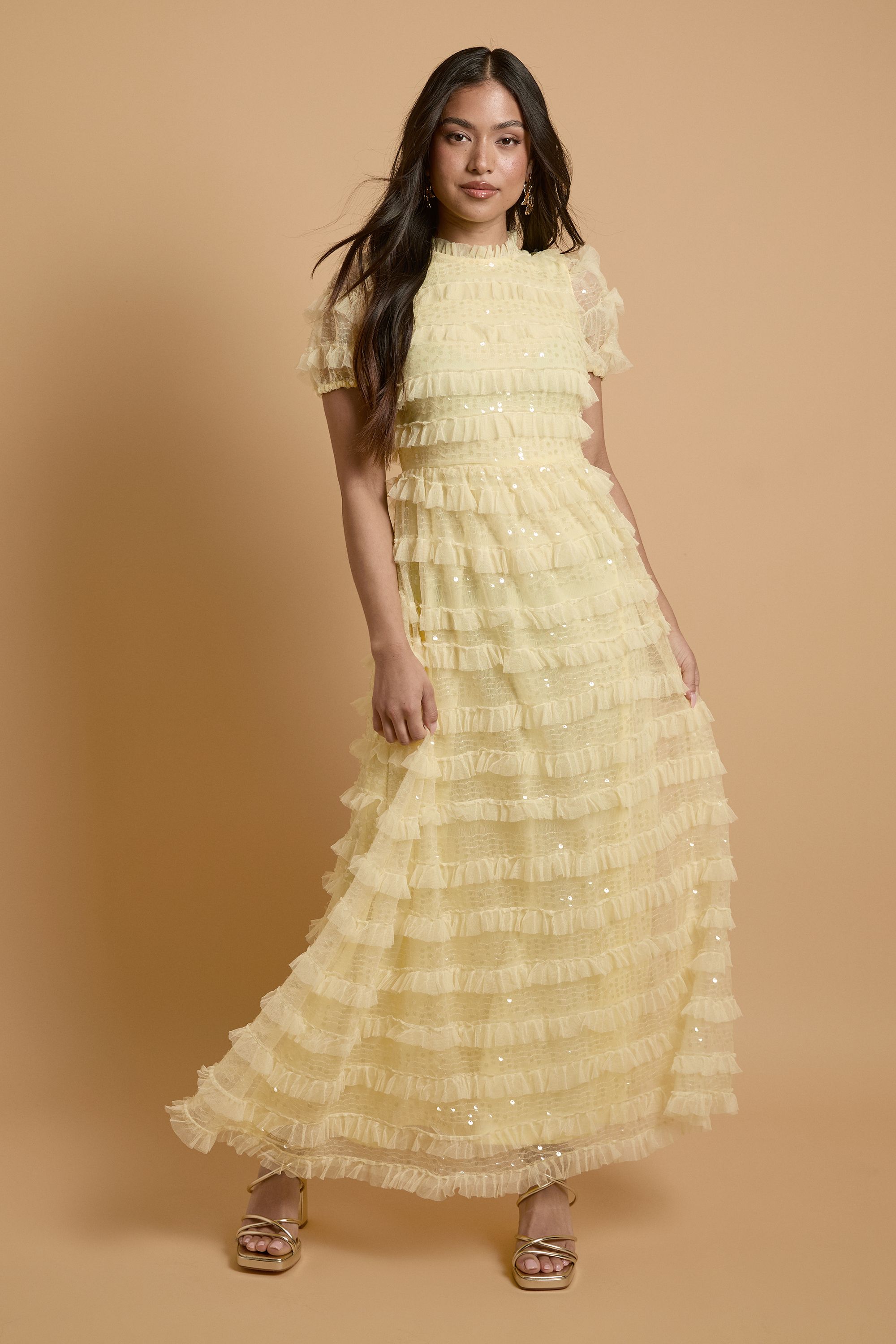 Petite Tiered Mesh Sequin Occasion Maxi Dress