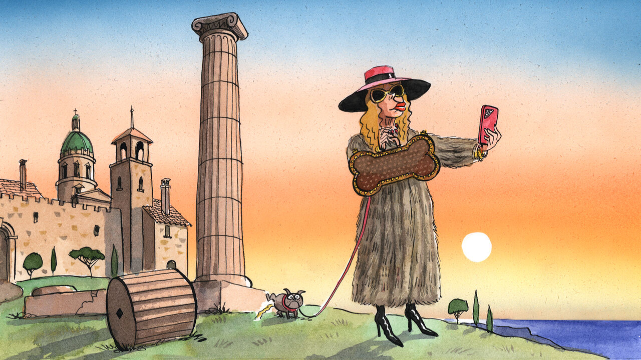An illustration of a woman pouting and taking a selfie, wearing a long fur coat, dark glasses, a hat and black heeled boots, holding a Louis Vuitton-style bone-shaped bag