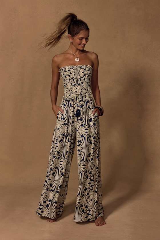 Image of Indie Navy and Ivory Boho Print Wide-Leg Jumpsuit