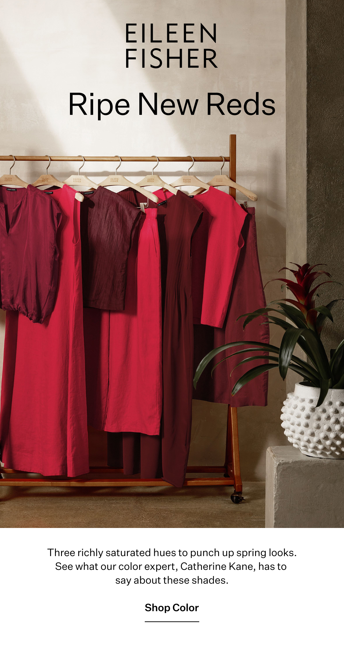 EILEEN FISHER Ripe New Reds. Three richly saturated hues to punch up spring looks. See what our color expert, Catherine Kane, has to say about these shades. Shop Color