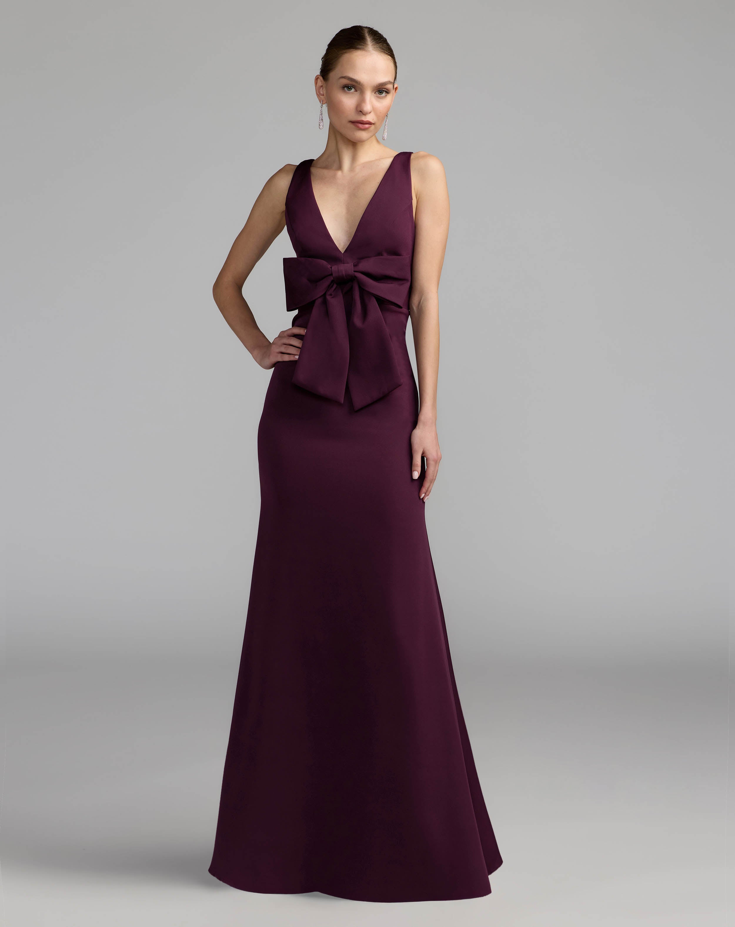 Image of Purple Crepe Sleeveless V-Neck Gown with Bow