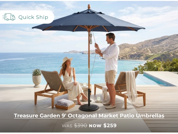 Couple sitting beneath large patio umbrella. Link Text: Quick Ship Treasure Garden 9' Octagonal Market Patio Umbrellas WAS $390 NOW $259