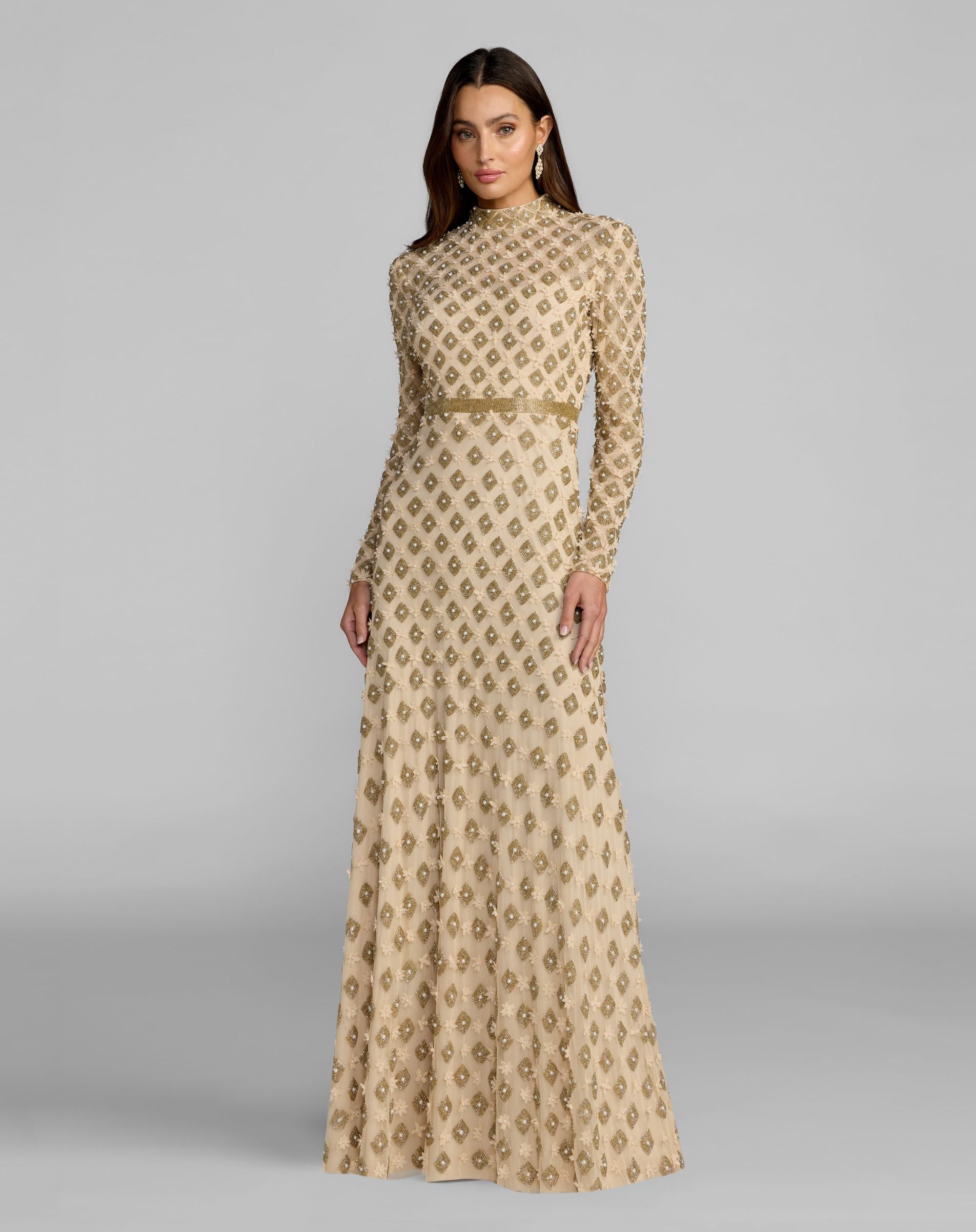 Image of Gold Mock Neck Long Sleeve Embellished A-Line Gown