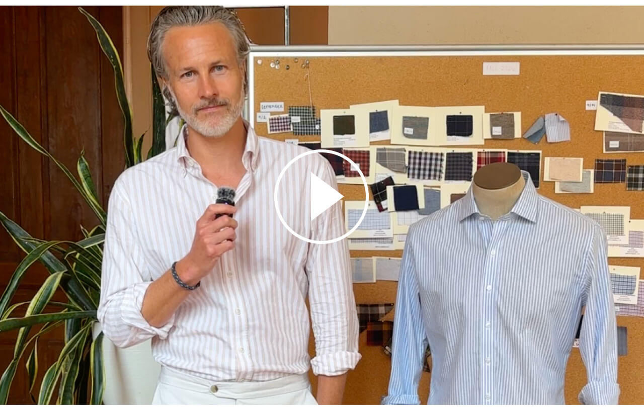 Video Showing The Light Blue Sondra Cotton Linen Stripe Custom Shirt 
